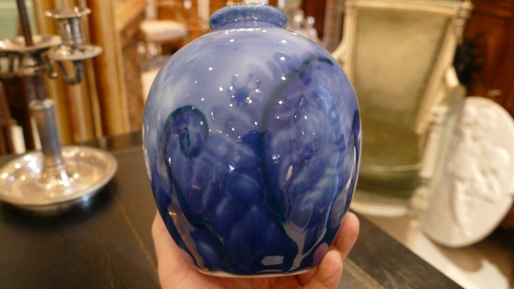 Camille Tharaud,  Vase Art Déco Aux Fougères Bleu, Porcelaine De Limoges-photo-4