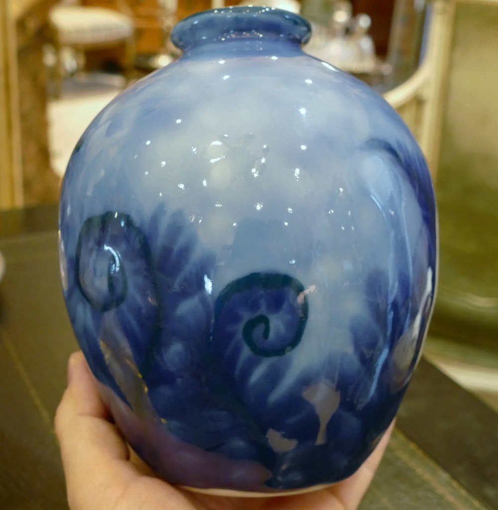 Camille Tharaud, Art Deco Vase With Blue Ferns, Limoges Porcelain