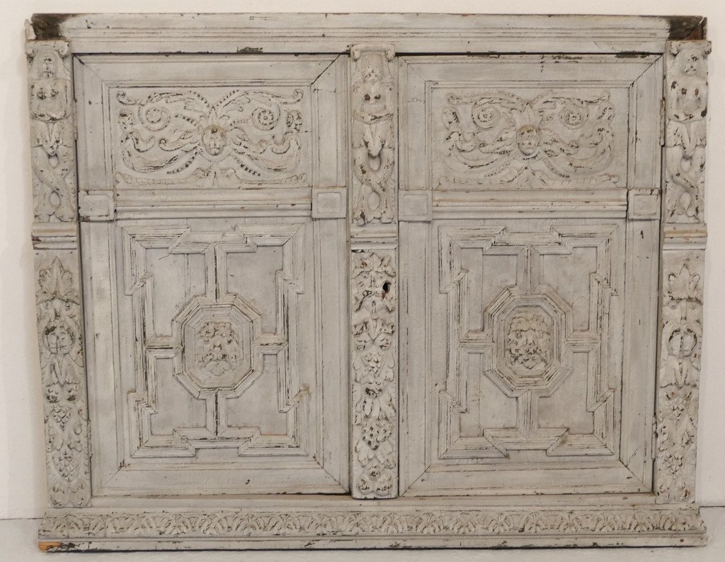 Flemish Closet Front, Patinated Carved Oak, Decorated With Angels, Mermaid And Indians, XVII