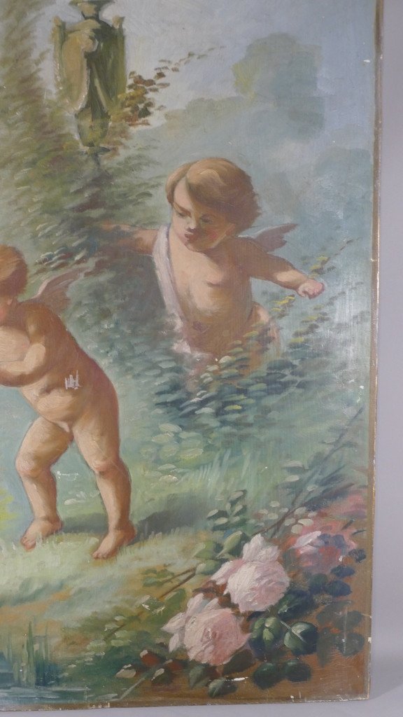 Tableau, Huile Sur Bois, Putti Jouants Et l'Oiseau, époque Vers 1900 -photo-2