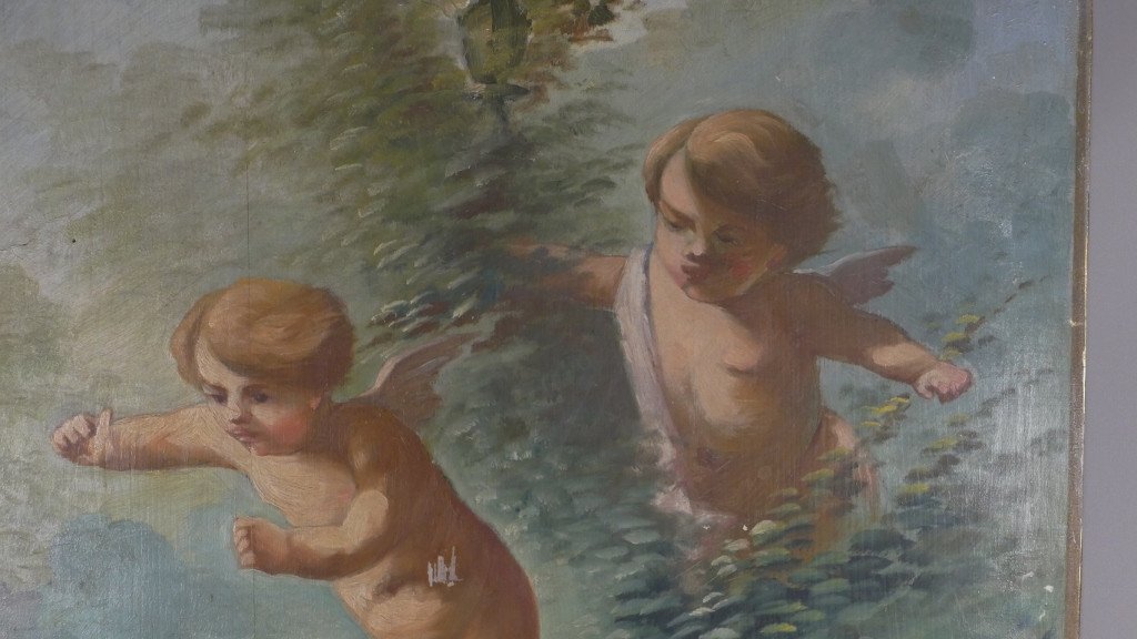 Tableau, Huile Sur Bois, Putti Jouants Et l'Oiseau, époque Vers 1900 -photo-1