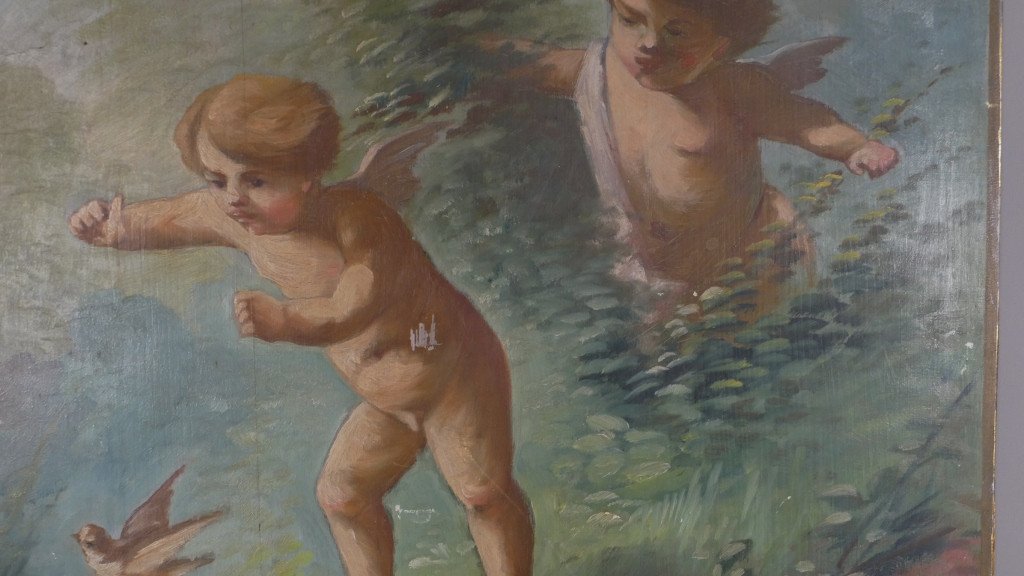 Table, Oil On Wood, Playing Putti And The Bird, Around 1900-photo-3