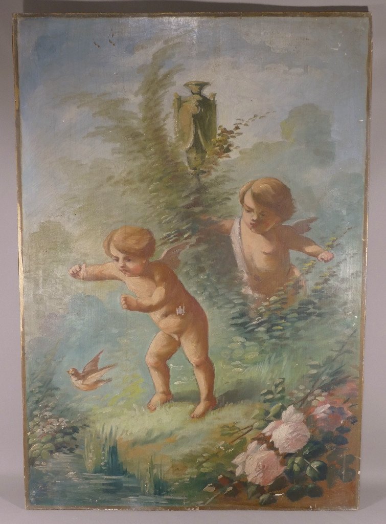 Table, Oil On Wood, Playing Putti And The Bird, Around 1900