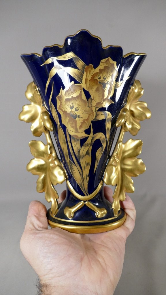 Limoges, Porcelaine Bleu De Four Et Or, Vase Aux Tulipes, Manufacture Michelaud, Début XX ème-photo-2