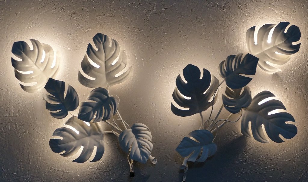 Pair Of Large Wall Lamps Monstera Leaves Painted, Design 60-70s -photo-2