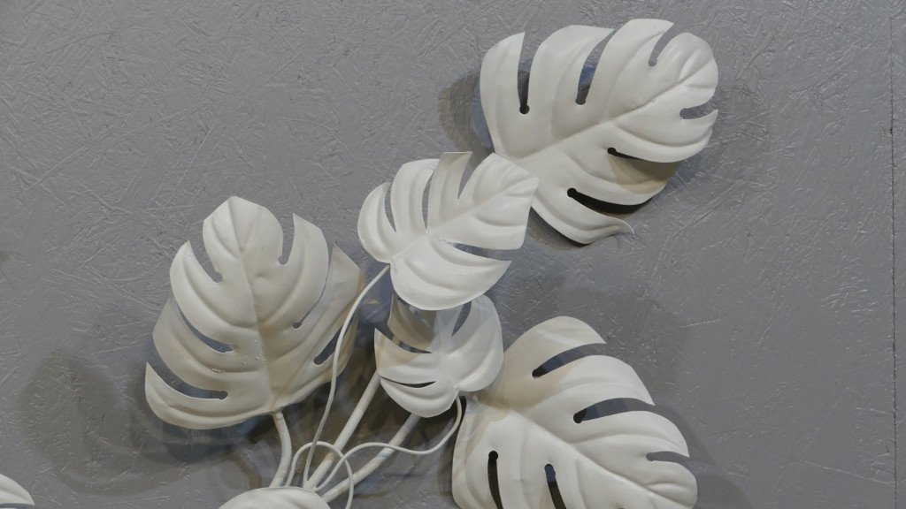 Pair Of Large Wall Lamps Monstera Leaves Painted, Design 60-70s -photo-3