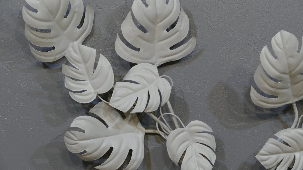 Pair Of Large Wall Lamps Monstera Leaves Painted, Design 60-70s -photo-1