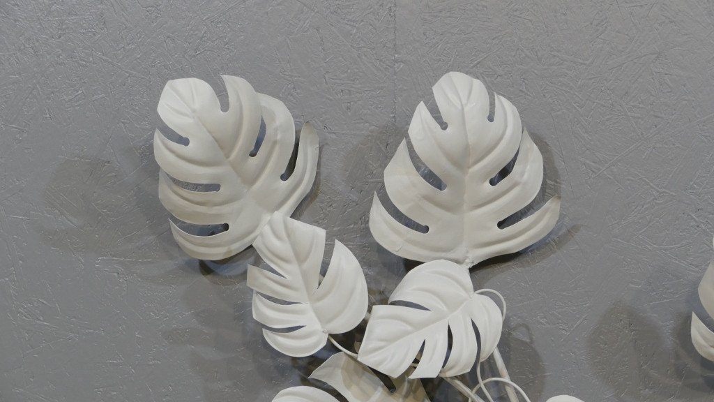 Pair Of Large Wall Lamps Monstera Leaves Painted, Design 60-70s -photo-2