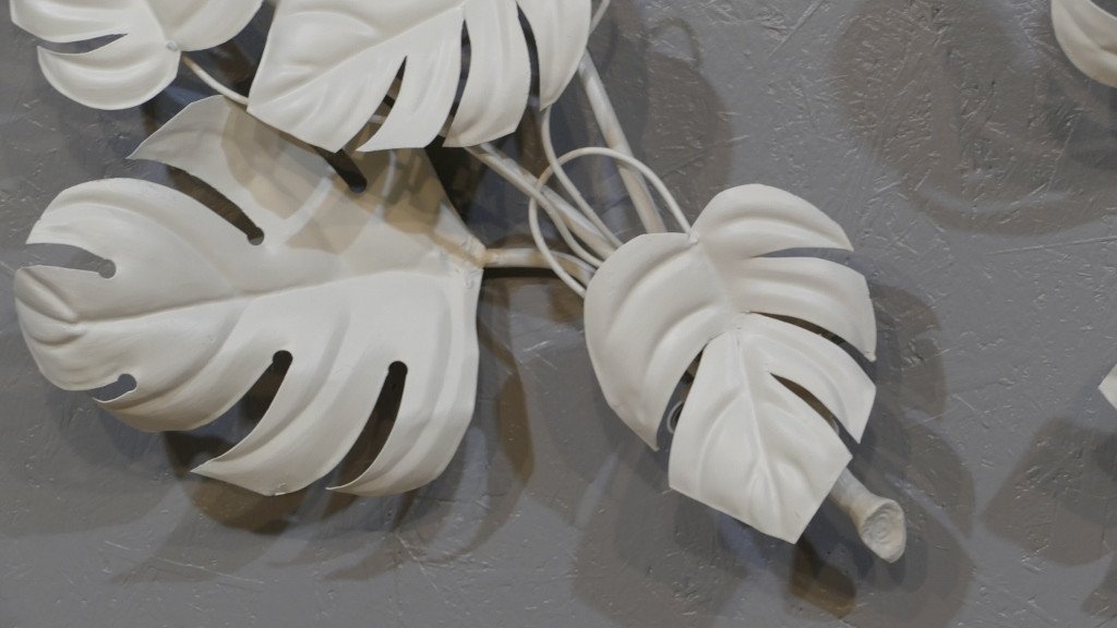 Pair Of Large Wall Lamps Monstera Leaves Painted, Design 60-70s -photo-3