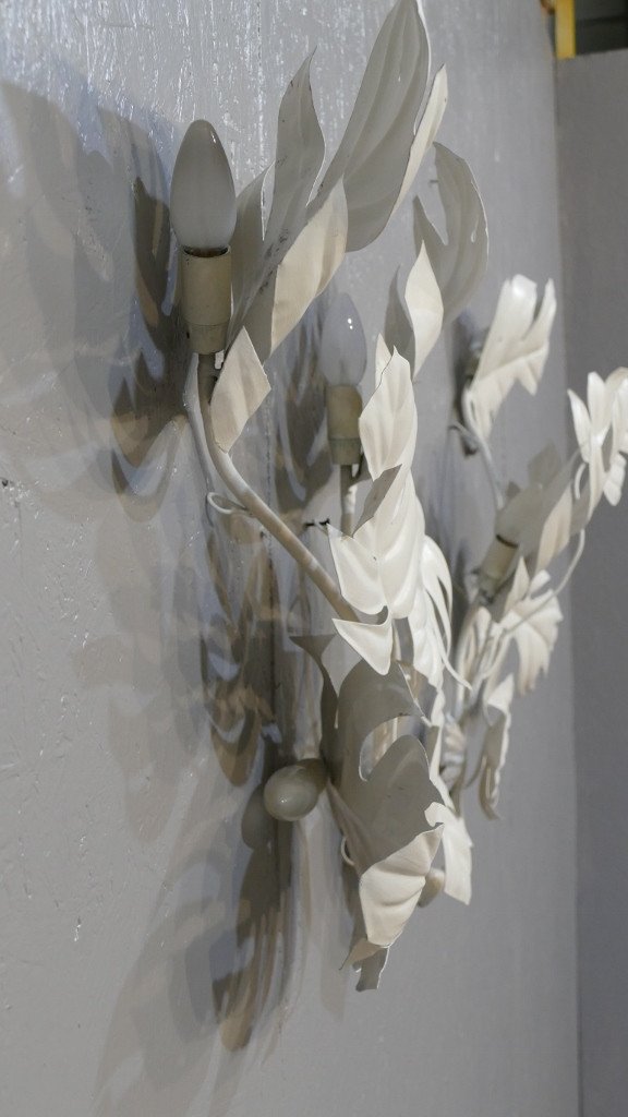 Pair Of Large Wall Lamps Monstera Leaves Painted, Design 60-70s -photo-5