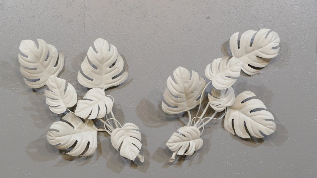 Pair Of Large Wall Lamps Monstera Leaves Painted, Design 60-70s 