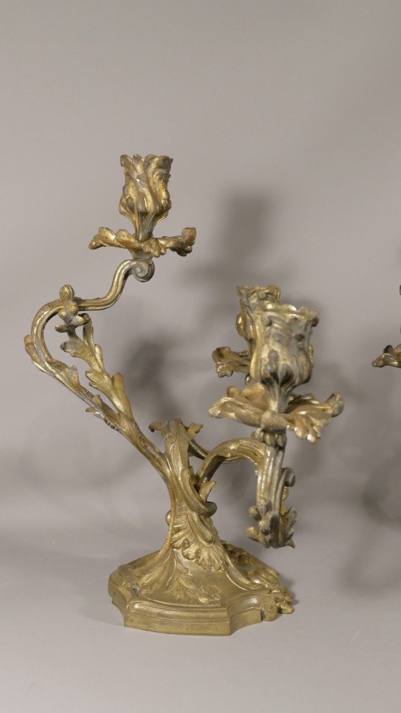 Pair Of Asymmetrical Rocaille Candlesticks With 3 Branches, Gilt Bronze XIX-photo-3