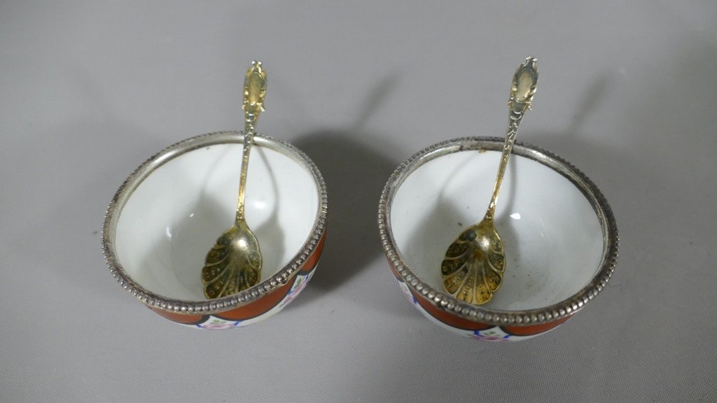 Pair Of Porcelain And Sterling Silver Salarons, Around 1920-photo-2