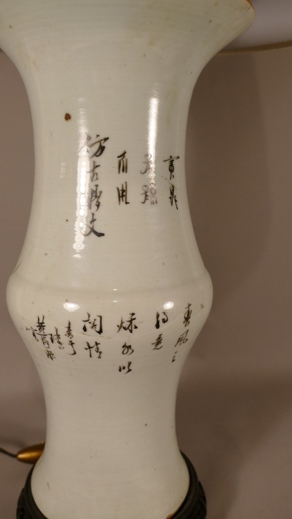 Lampe Vase Diabolo En Porcelaine Chinoise Aux Personnages, époque Début XX ème-photo-3