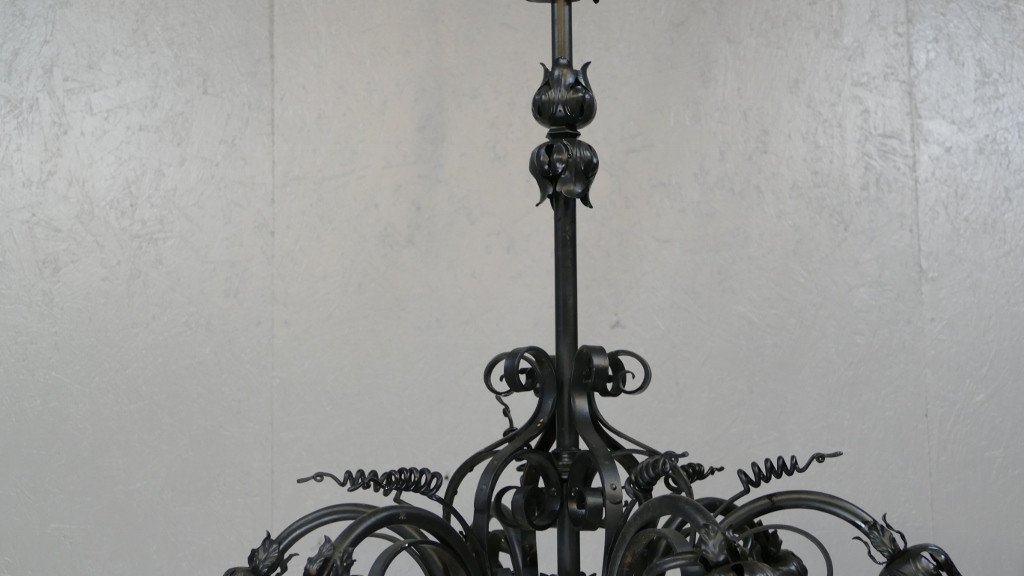 Neo-gothic Style Chandelier Viollet Le Duc In Iron And Sheet Metal, Late Nineteenth Time-photo-3