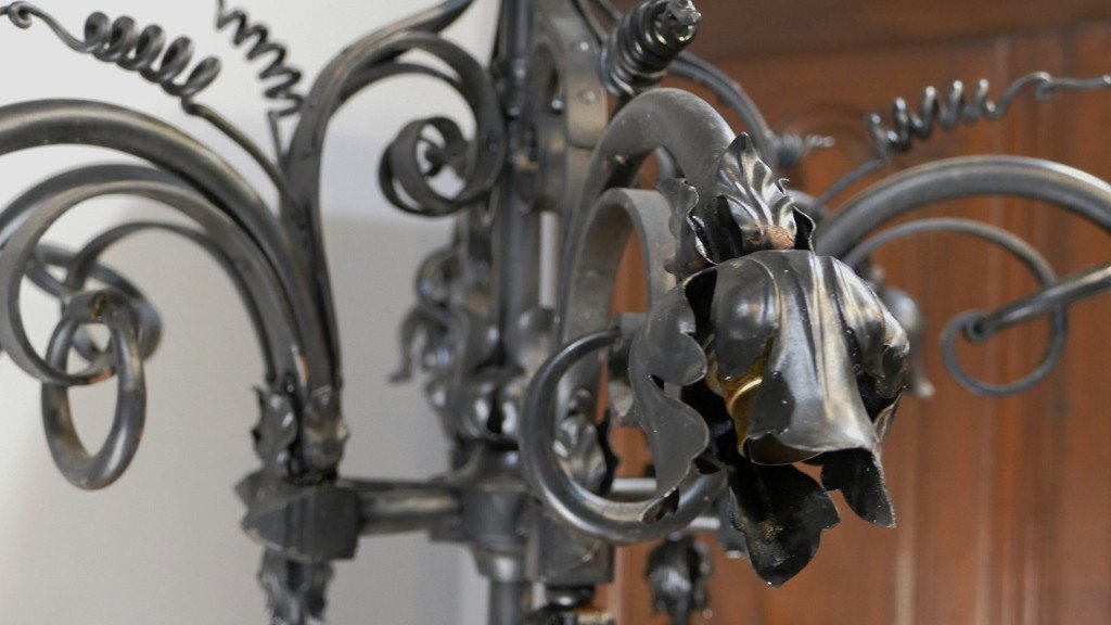Neo-gothic Style Chandelier Viollet Le Duc In Iron And Sheet Metal, Late Nineteenth Time-photo-1