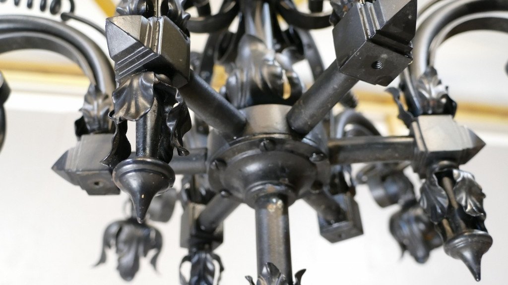 Neo-gothic Style Chandelier Viollet Le Duc In Iron And Sheet Metal, Late Nineteenth Time-photo-5