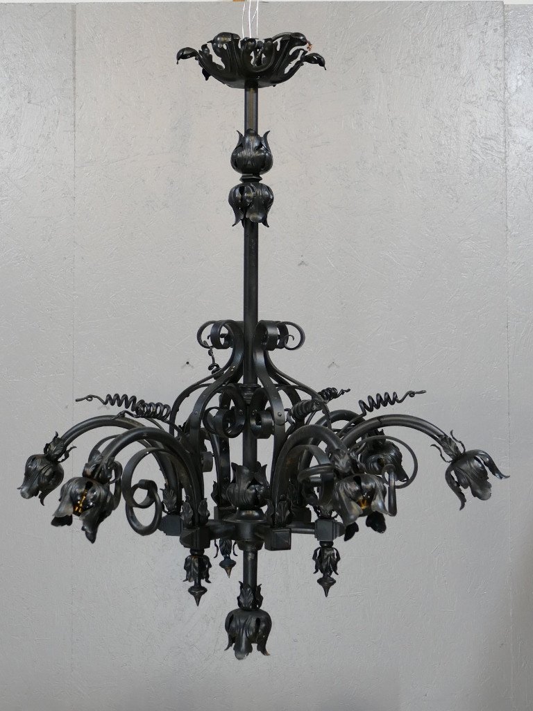 Neo-gothic Style Chandelier Viollet Le Duc In Iron And Sheet Metal, Late Nineteenth Time