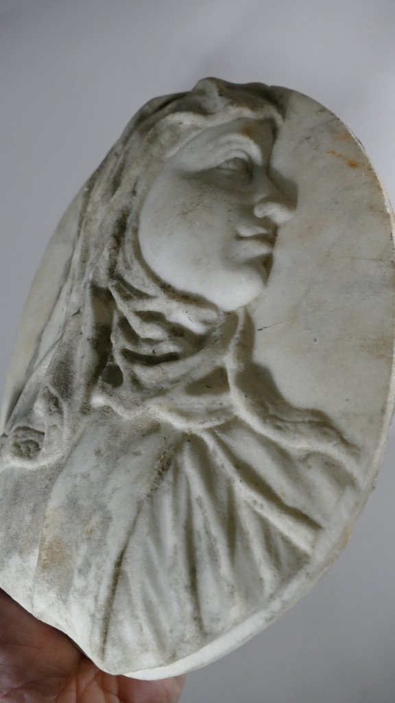 Bas Relief En Mabre, Portrait En Médaillon d'Une Femme Voilée, Sainte? époque XVIII ème Siècle-photo-3