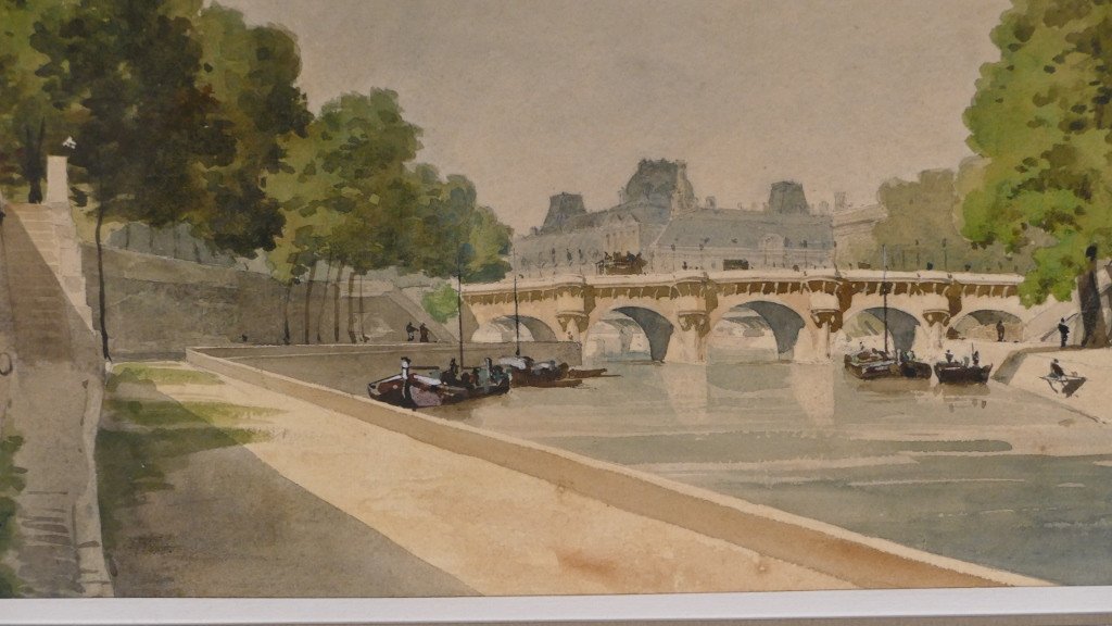 Le Pont Neuf à Paris Vu Du Quai Des Grands Augustins, Aquarelle Datée 1879, Par  Multzer-photo-3