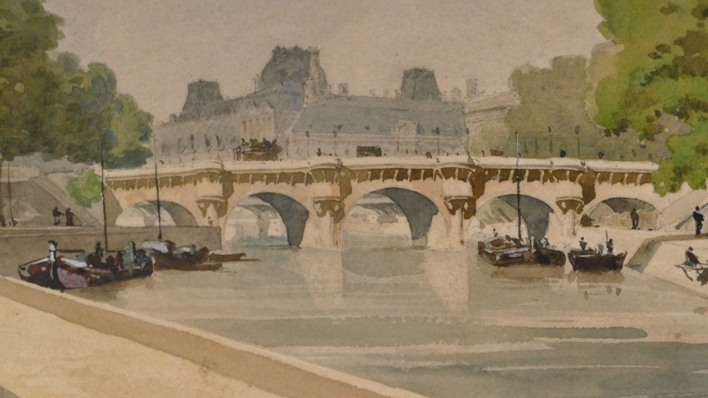 Le Pont Neuf à Paris Vu Du Quai Des Grands Augustins, Aquarelle Datée 1879, Par  Multzer-photo-2