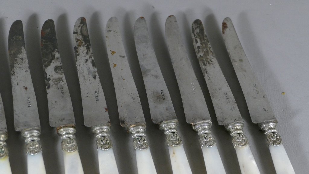 12 Cheese Or Dessert Knives In Mother Of Pearl, Silver And Steel, XIXth Time-photo-4