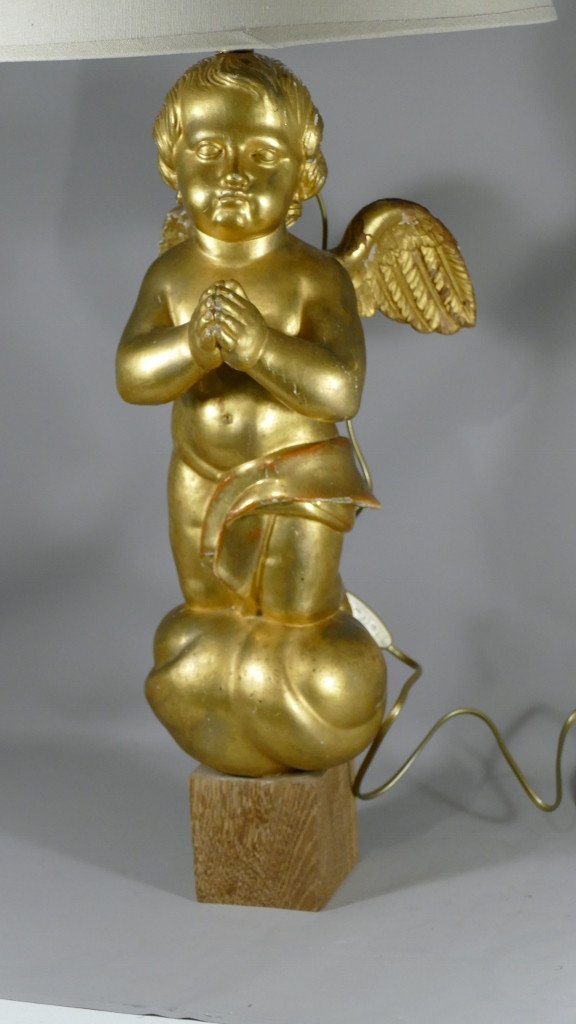 Large Angelot Lamp In Golden Wood, XIXth Century-photo-2