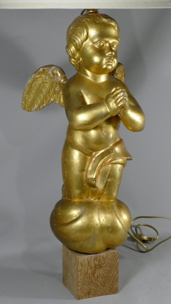 Large Angelot Lamp In Golden Wood, XIXth Century-photo-4