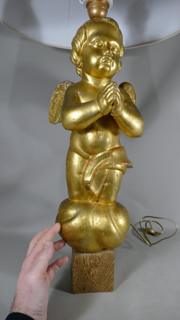 Large Angelot Lamp In Golden Wood, XIXth Century-photo-1