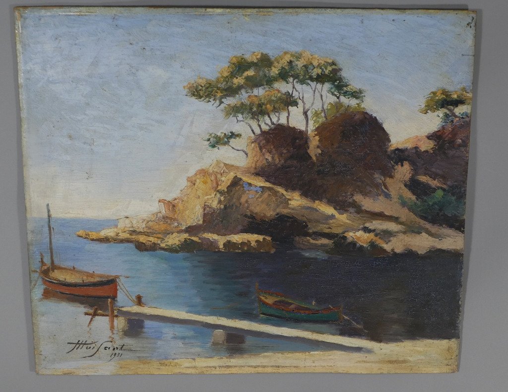 F Moisant, Les Barques Aux Rochers De La Pointe Magaud, Cap Brun, Toulon, 1931