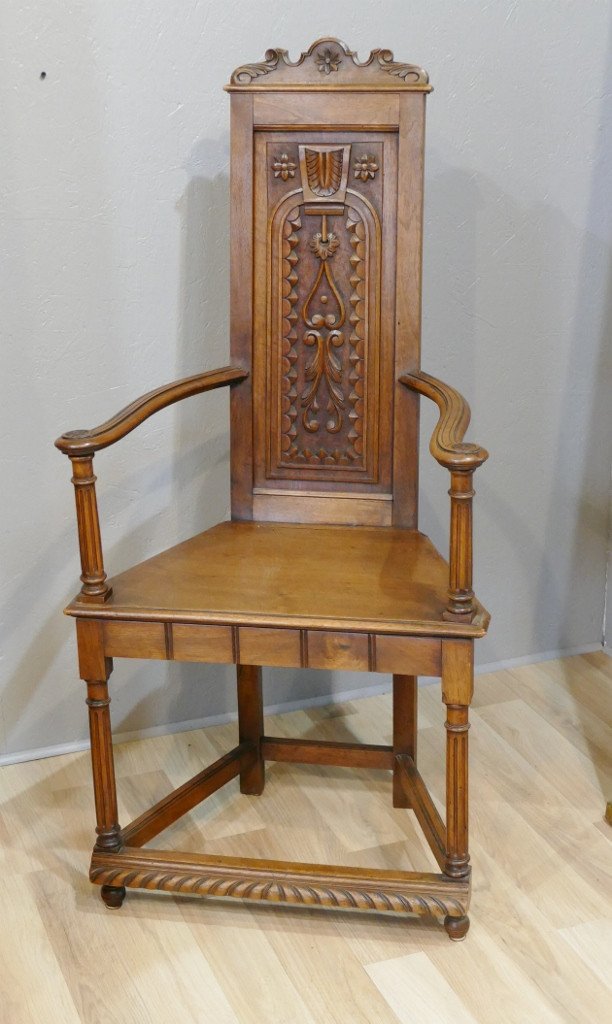 Armchair Or Chair Caquetoire Style Haute Epoque Renaissance In Carved Walnut, XIXth Time