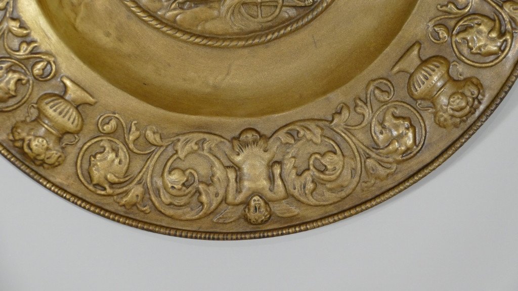 Apollo On His Char, Very Large Decorative Brass Dish, XIXth Time-photo-4