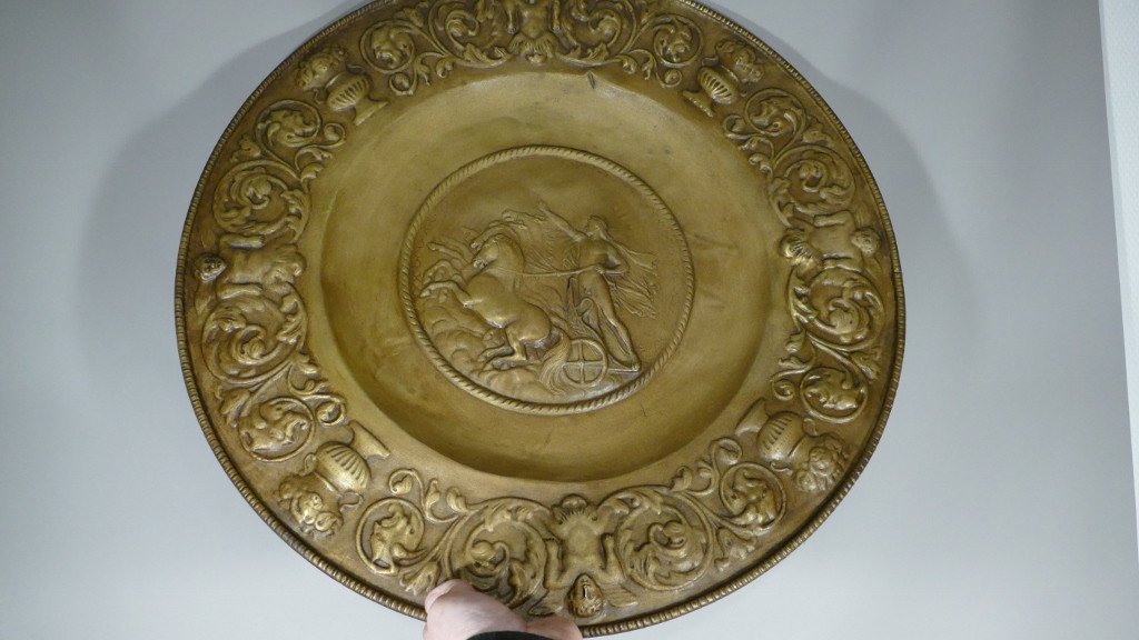 Apollo On His Char, Very Large Decorative Brass Dish, XIXth Time-photo-5