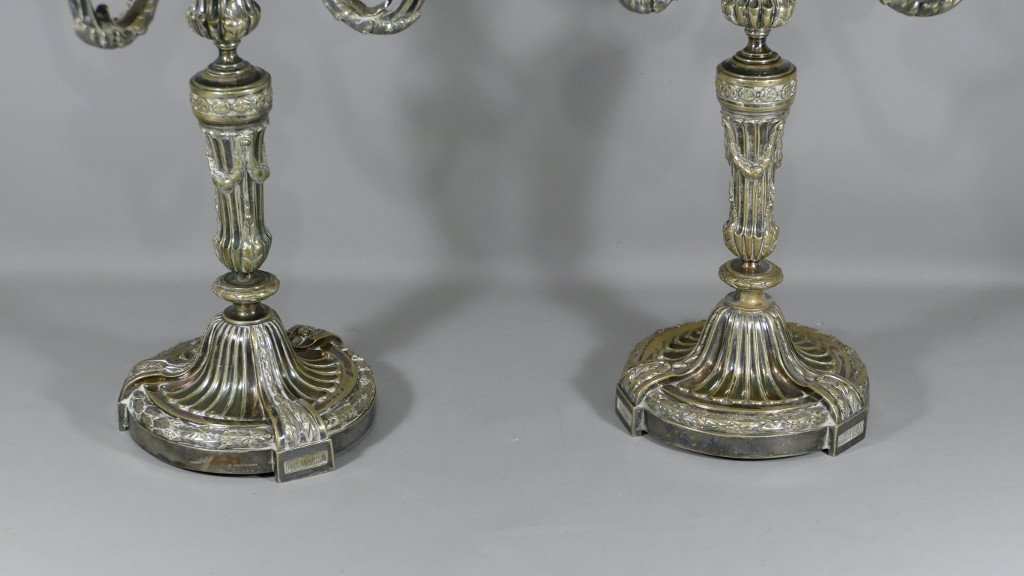 H Voisenet, Large Pair Of Louis XVI Candelabra Candlesticks In Silver Bronze, XIXth Time-photo-3