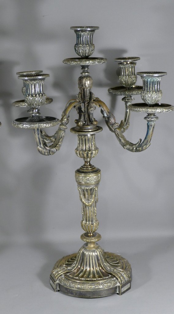 H Voisenet, Large Pair Of Louis XVI Candelabra Candlesticks In Silver Bronze, XIXth Time-photo-4