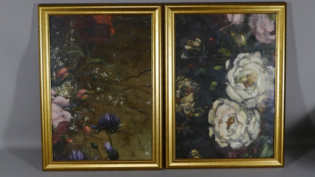 Paire De Toiles Peintes Aux Fleurs, Cartons d'Aubusson, époque XIX ème