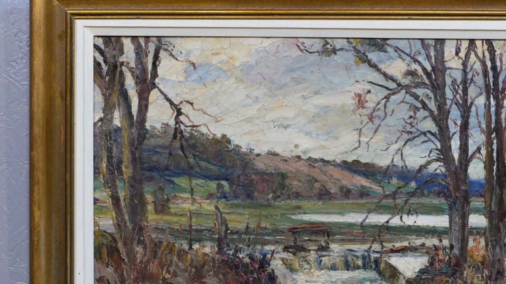 Gaston Laborde, Peintre Normand, Huile Sur Toile, Paysage Lacustre-photo-3