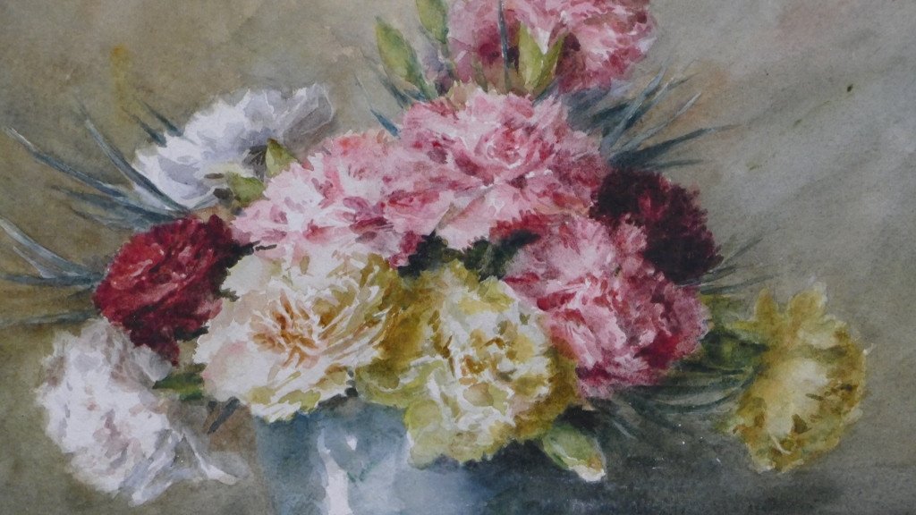 Carnations, Bouquet Of Flowers In Watercolor Signed Rouxel, Twentieth Time-photo-2