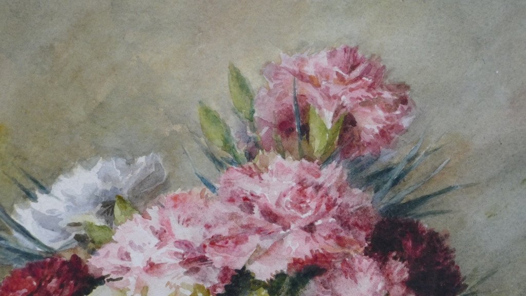 Carnations, Bouquet Of Flowers In Watercolor Signed Rouxel, Twentieth Time-photo-3