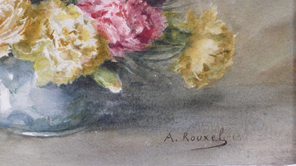 Carnations, Bouquet Of Flowers In Watercolor Signed Rouxel, Twentieth Time-photo-1