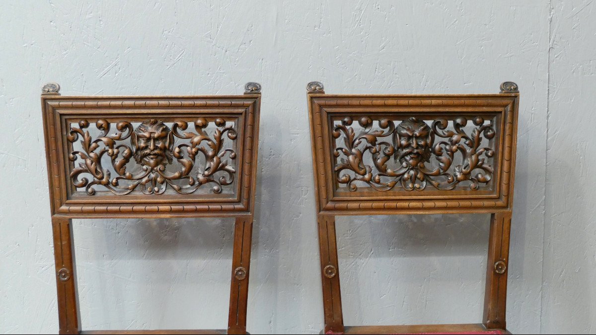 Pair Of Walnut Chairs With Openwork Backrest Of Acanthus Leaves And Satyr Face, XIX-photo-2