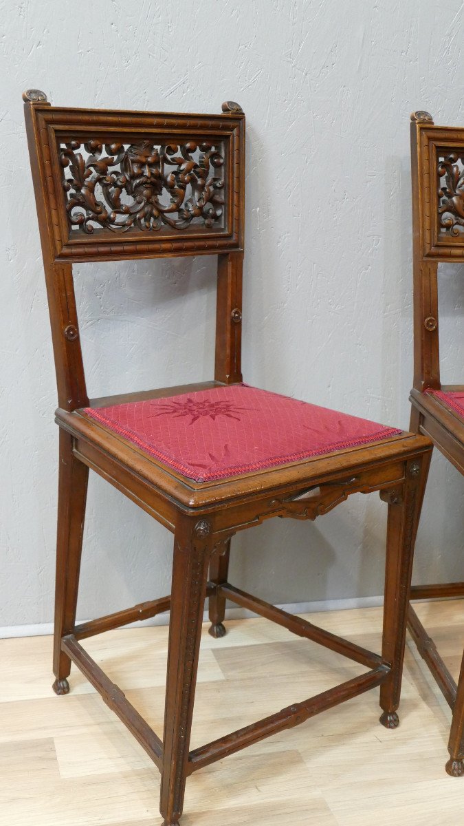 Pair Of Walnut Chairs With Openwork Backrest Of Acanthus Leaves And Satyr Face, XIX-photo-1