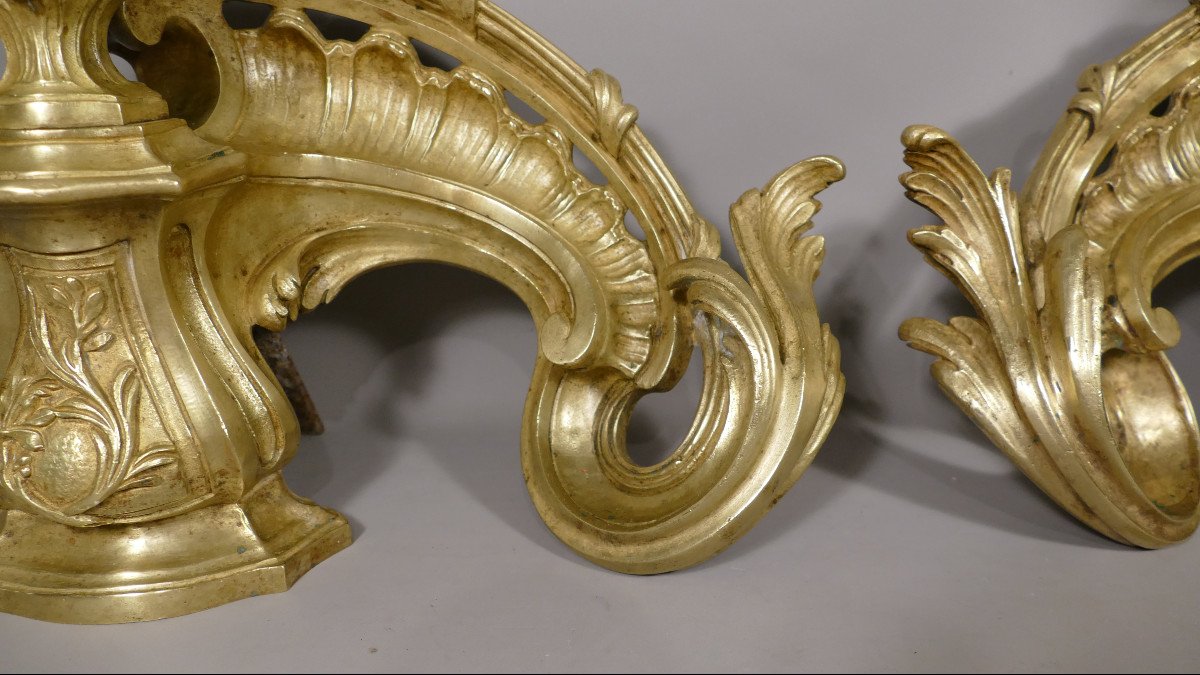 Pair Of Louis XV Andirons In Gilt Bronze With Flowered Urn And Acanthus Leaves, XIXth Time-photo-1