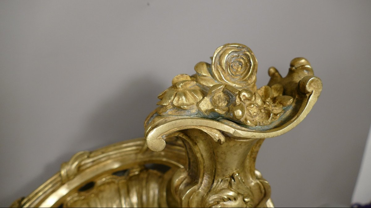 Pair Of Louis XV Andirons In Gilt Bronze With Flowered Urn And Acanthus Leaves, XIXth Time-photo-2