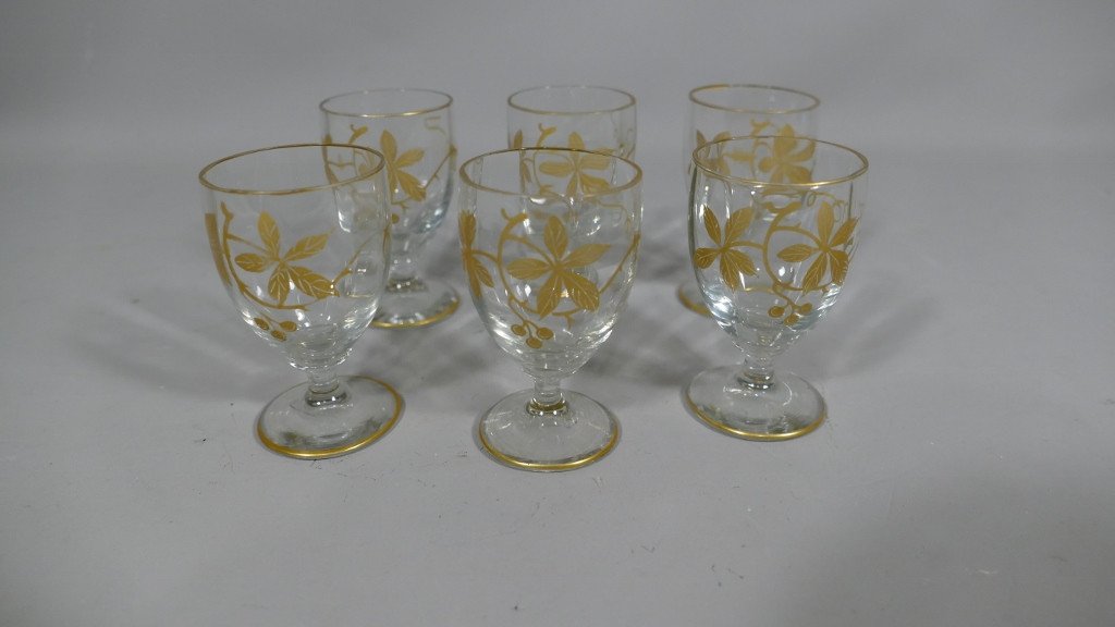 6 Crystal Liqueur Glasses With Golden Chestnut Decor, 1900s-photo-2