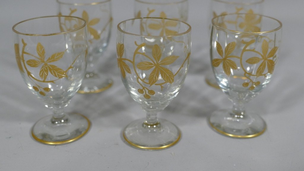 6 Crystal Liqueur Glasses With Golden Chestnut Decor, 1900s-photo-3