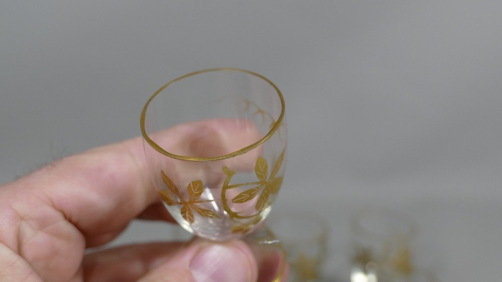 6 Crystal Liqueur Glasses With Golden Chestnut Decor, 1900s-photo-2