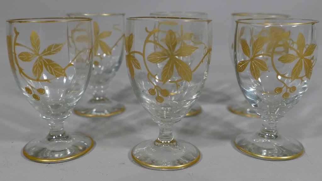 6 Crystal Liqueur Glasses With Golden Chestnut Decor, 1900s