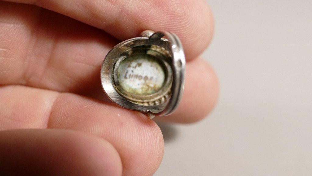 Art Deco Ring Sterling Silver And Limoges Enamel, Size 49-photo-4