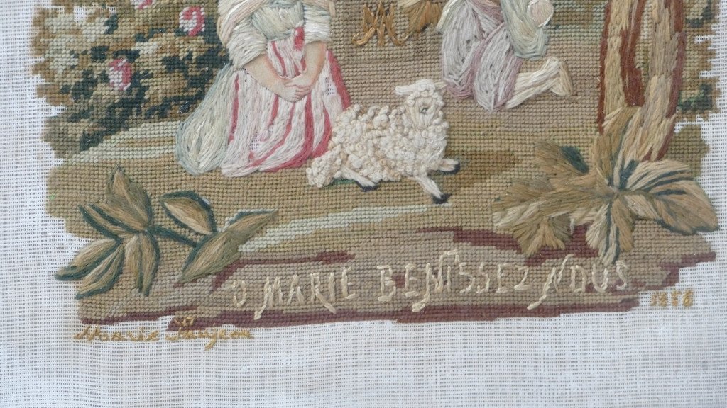 Broderie Religieuse Encadrée " Marie Bénissez nous" et datée 1858.-photo-1